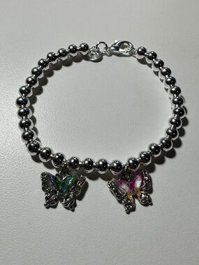 925 Sterling Silver Beaded Bracelet with Pink & Green Butterfly Charms
